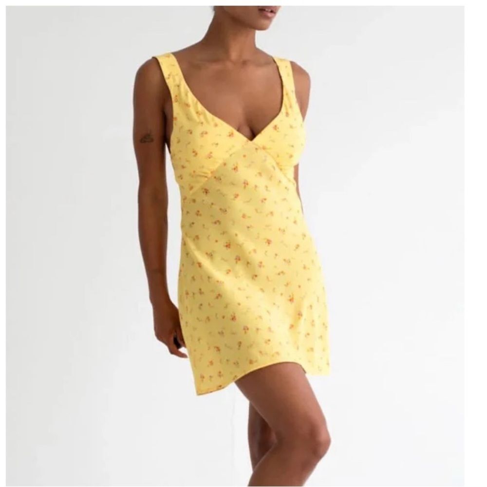 Rumored Yellow Mini Dress with Small Floral Print